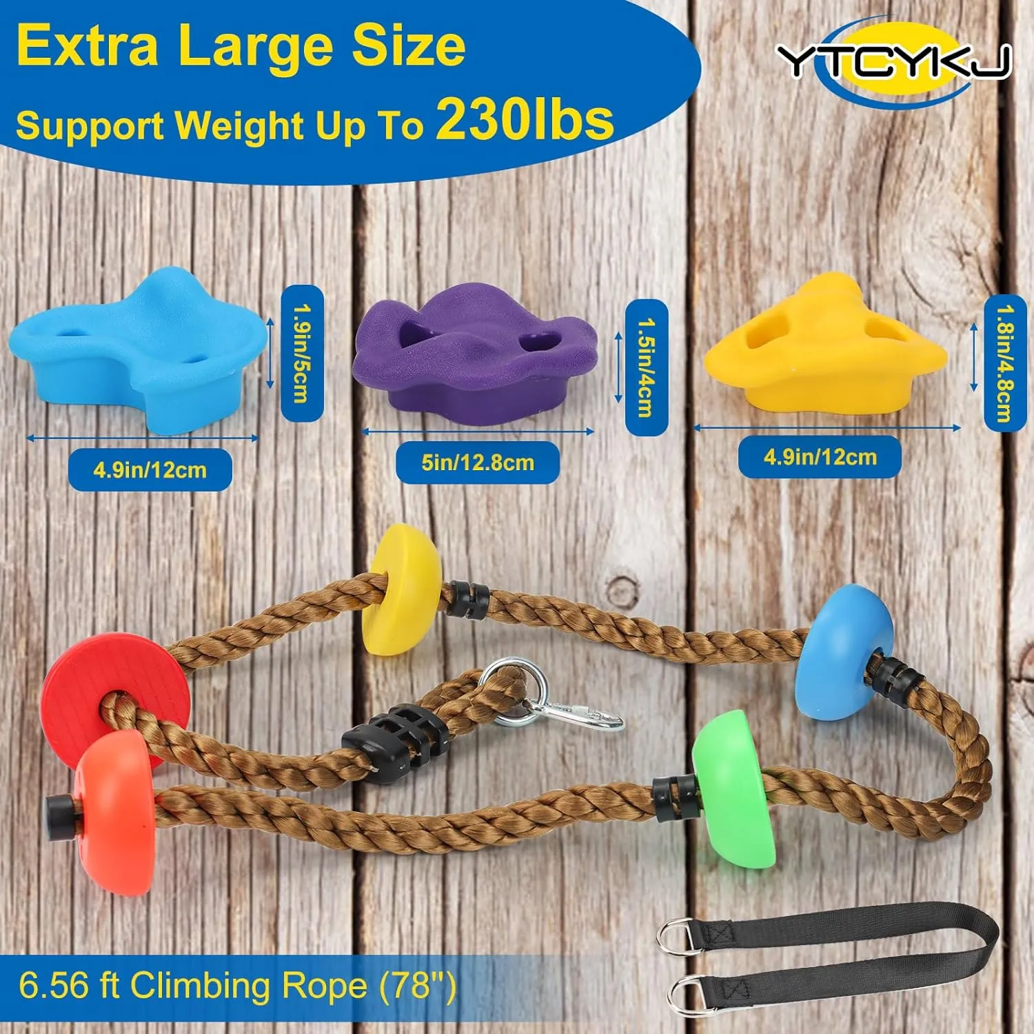 Tree Climbing Kit - 12 Extra Large Tree Climbing Holds6.56FT Climbing Rope Swing and 6 Ratchet Straps for Kids Climber Outdoor Obstacle Training,Colorful