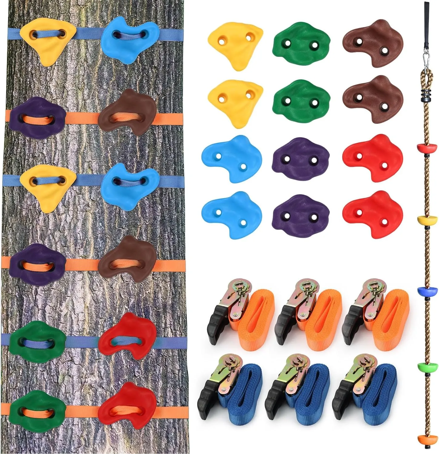 Tree Climbing Kit - 12 Extra Large Tree Climbing Holds6.56FT Climbing Rope Swing and 6 Ratchet Straps for Kids Climber Outdoor Obstacle Training,Colorful