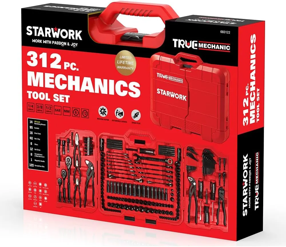 TRUE MECHANIC 312-Piece Mechanics Tool Set and Socket Set, ProfessionalPliers Wrench Version SAE/Metric