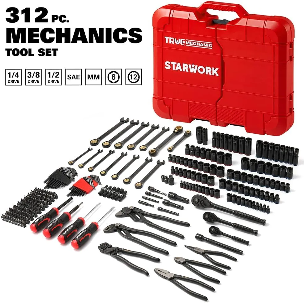 TRUE MECHANIC 312-Piece Mechanics Tool Set and Socket Set, ProfessionalPliers Wrench Version SAE/Metric