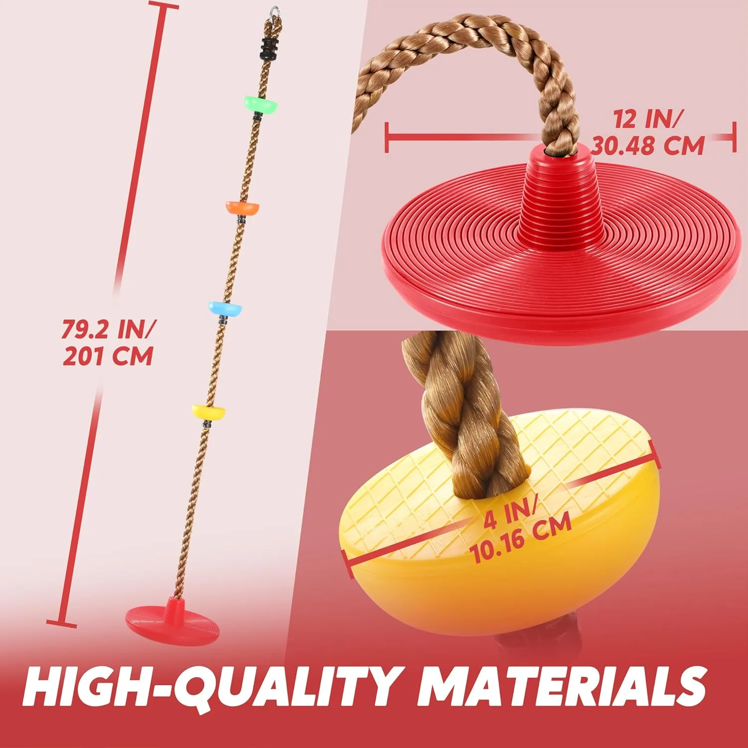 TURFEE Tree Swing for Kids, Single Disk 6 Ft Outdoor Climbing Rope, Carabiner & 4 Ft Tree Strap, Playground Accessories - Multi-Colored Disc Swing Seat-Red
