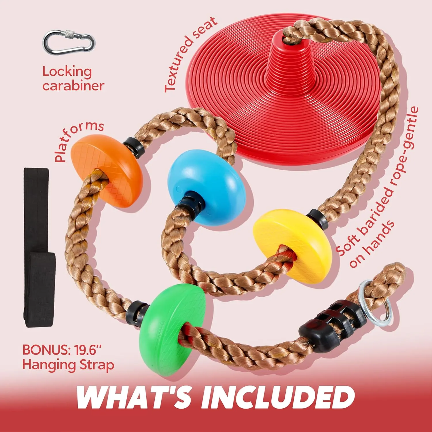 TURFEE Tree Swing for Kids, Single Disk 6 Ft Outdoor Climbing Rope, Carabiner & 4 Ft Tree Strap, Playground Accessories - Multi-Colored Disc Swing Seat-Red