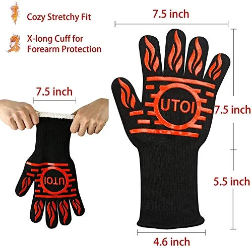 UTOI BBQ Grill Gloves, 1472°F Heat Resistant Barbecue Gloves Oven Mitts for Kitchen Garden BBQ Grilling and Outdoor Cooking Campfire, EN407 Certified, 1 Pair 13 inch Long Extra Forearm Protection