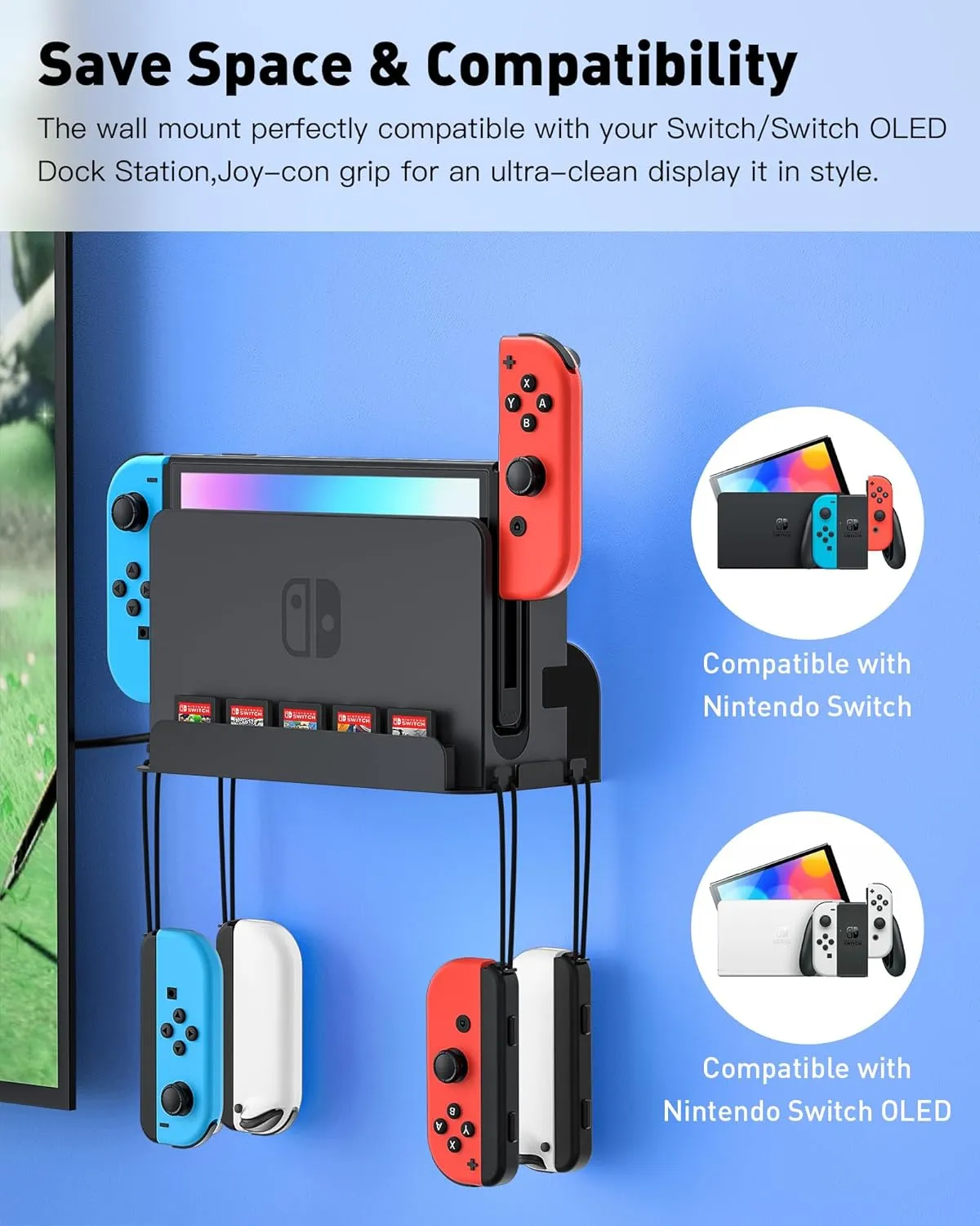 Wall Mount for Nintendo Switch and Switch OLED, Metal Wall Mount Kit Shelf Accessories with 5 Game Card Holders and 4 Joy Con Brackets, Safely Store Switch Console Near or Behind TV, Black