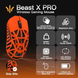 WLMOUSE Beast X Pro Ultra-Light 39g Magnesium Gaming Mouse, PAW3950 HS Sensor, 8K Polling Rate, 3000 DPI,OM & TTC Switches, Customizable Side Panels.(Fire Orange(TTC Switch-Side Slits))