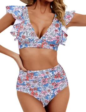 Women Ruffle High Waisted Swimsuit Two Piece Tropical Print Swimsuit Push Up Bathing Suit