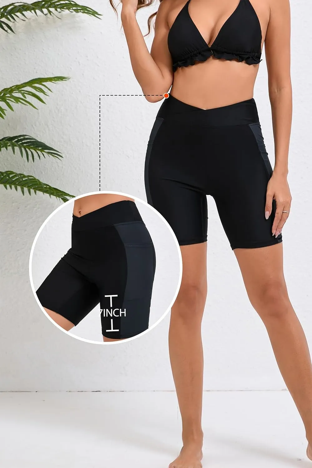 Women's 7" Plus Size Cross High Waisted Board Shorts with Side Pockets Boyshorts Swimsuit Bottoms