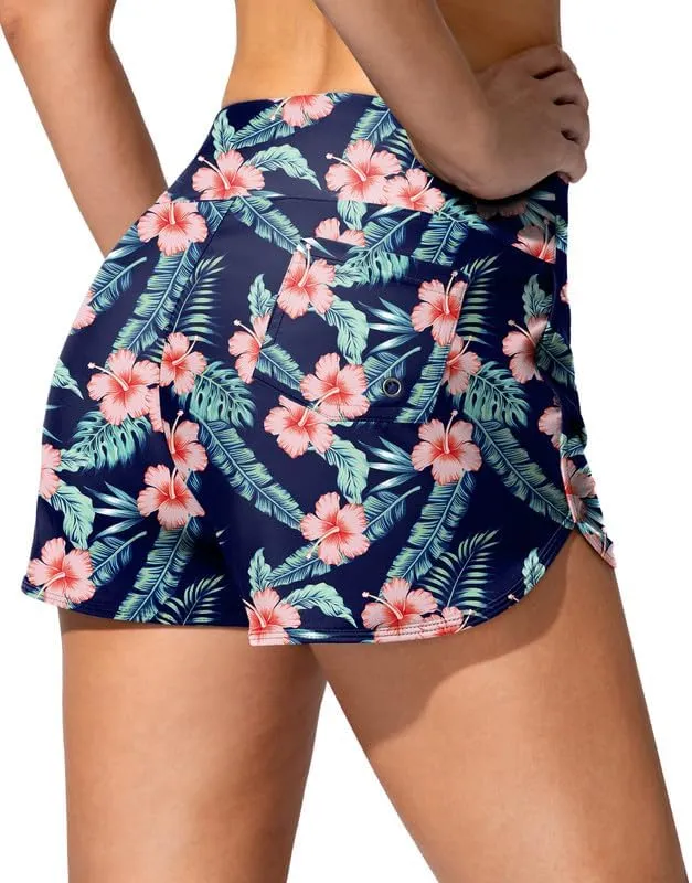 Women's Swim Shorts with Pockets High Waisted Tummy Control Board Swimsuit Bathing Shorts for Women with Liner