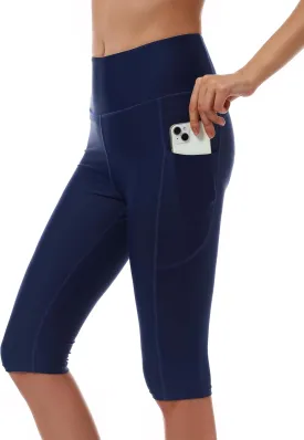 Womens UPF50  Swim Capris High Waisted Swim Pants Tummy Control Knee Length Long Swim Shorts with Pockets Quick Dry