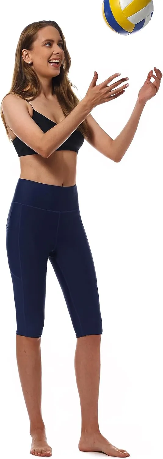 Womens UPF50  Swim Capris High Waisted Swim Pants Tummy Control Knee Length Long Swim Shorts with Pockets Quick Dry