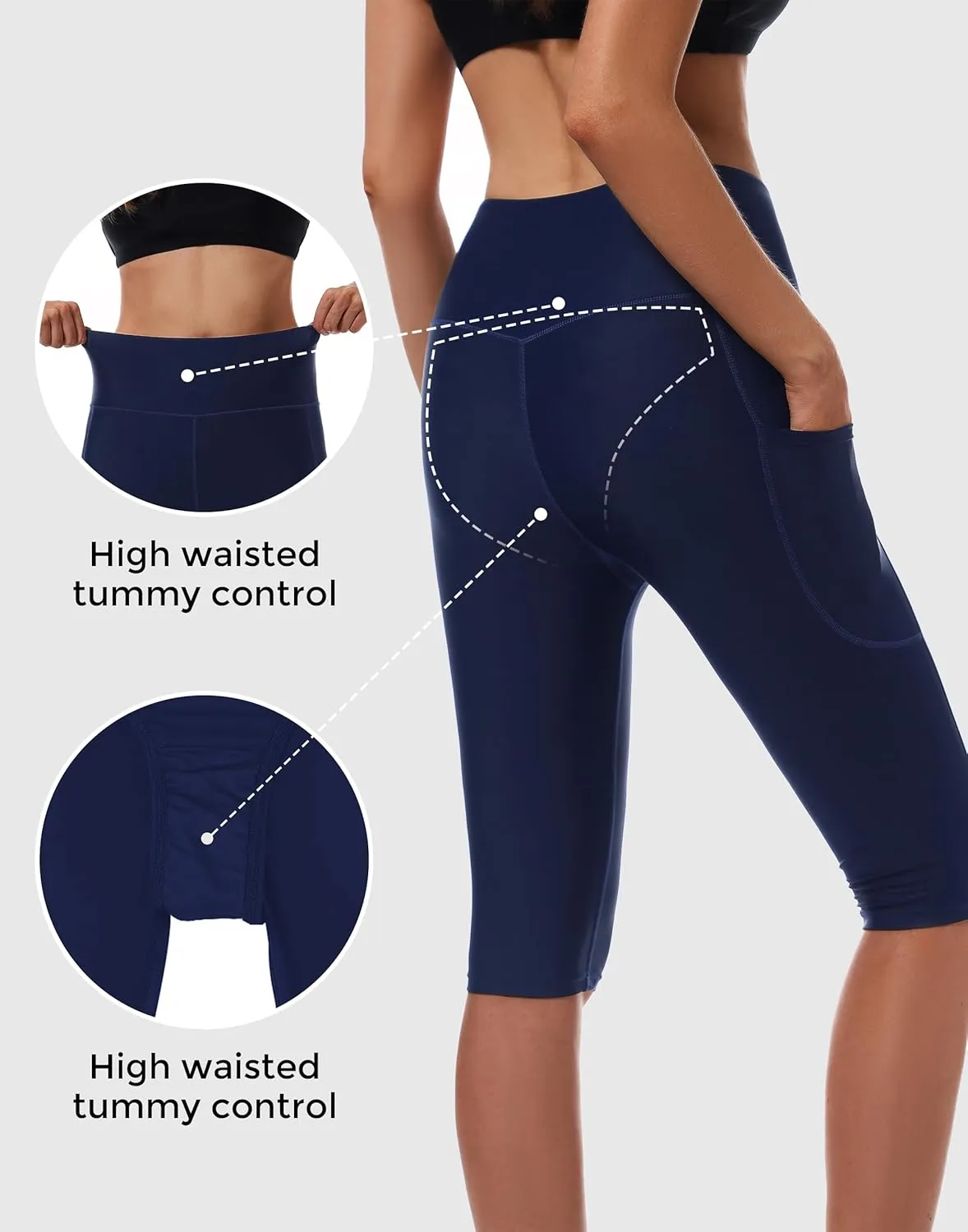 Womens UPF50  Swim Capris High Waisted Swim Pants Tummy Control Knee Length Long Swim Shorts with Pockets Quick Dry