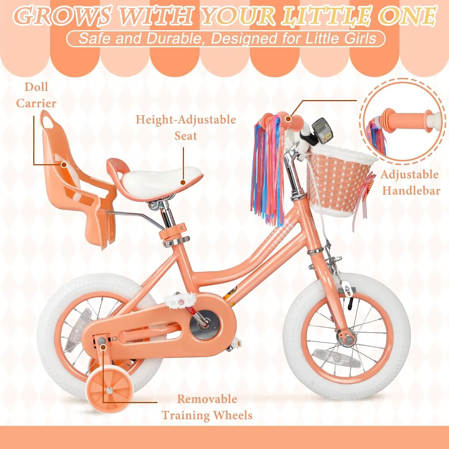 XJD Girls Bike for Toddlers and Kids Ages 2-12 Years Old,12 14 16 Inch Kids Bike with Training Wheels & Basket, 20 Inch Kids Bicycle with Handbrake & KickstandAdjustable Seat Handlebar Height